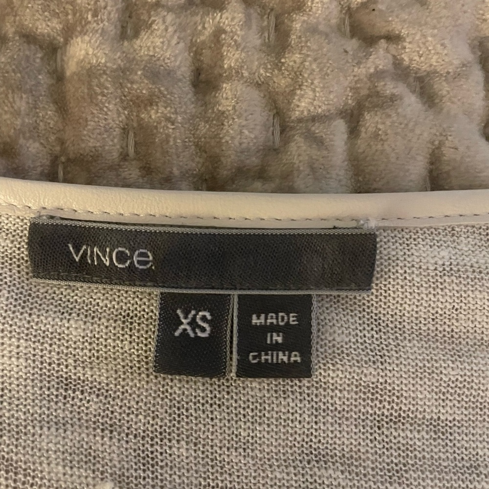 Vince silk and linen cap sleeve blouse with leather trim scoop neck